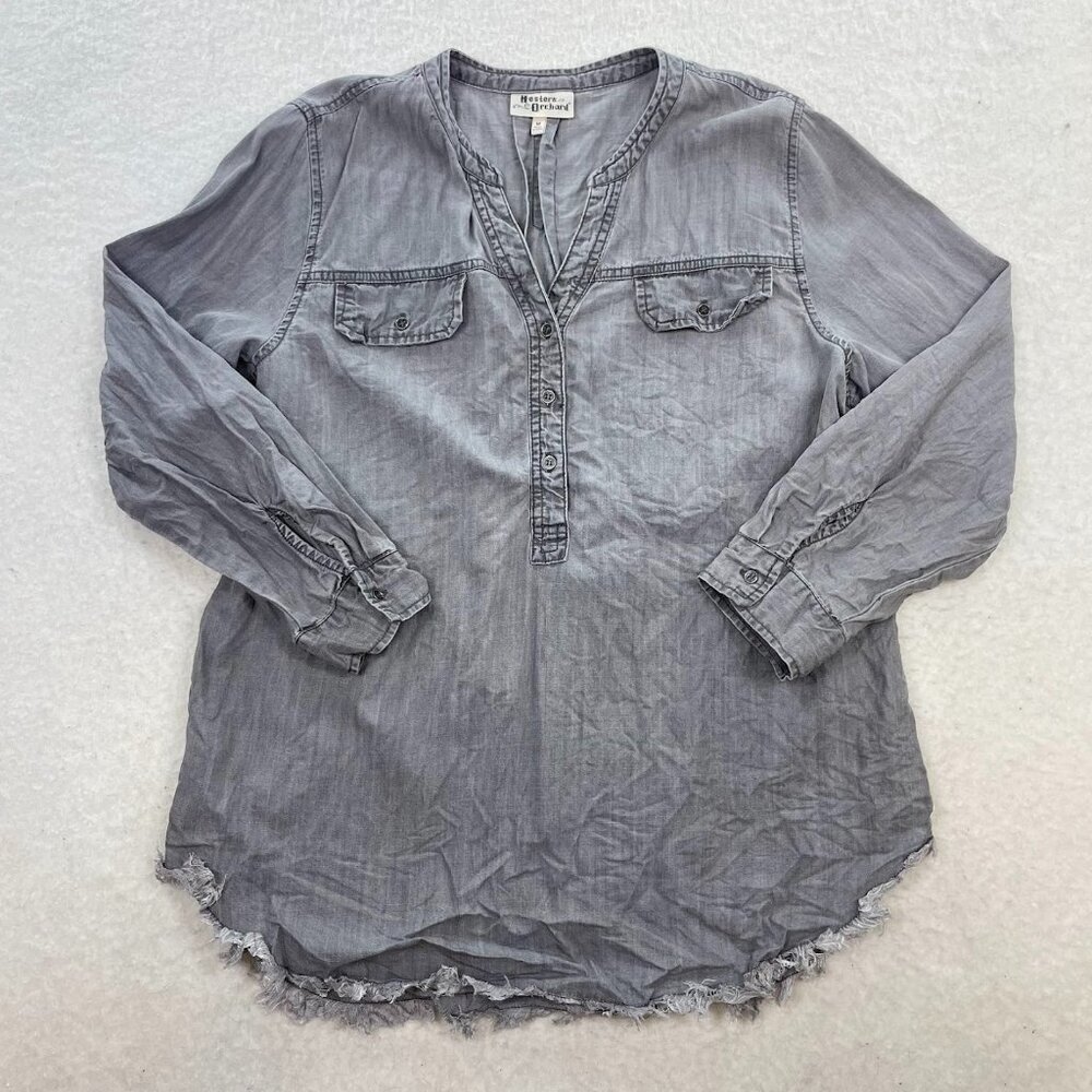 Hester & Orehard Tencel Button Split Neck Fringe Top Gray Size M - Picture 2 of 7